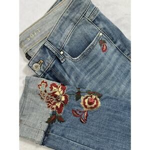White House Black Market Blue Jeans with Red & Gold Floral Embroidery